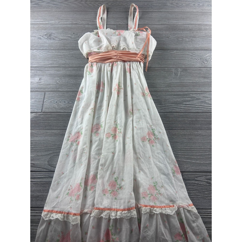 Vintage Jody of California Floral Maxi Dress Peach Lace Trim Prairie Cottagecore